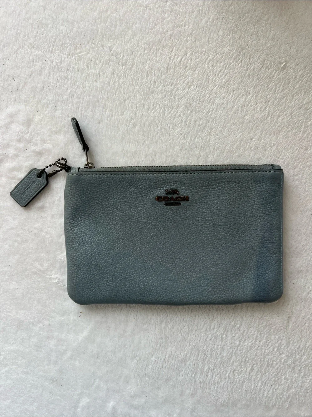 Coach Leather Women Wristlet in Slate Blue with Metallic Hardware Coin Purse